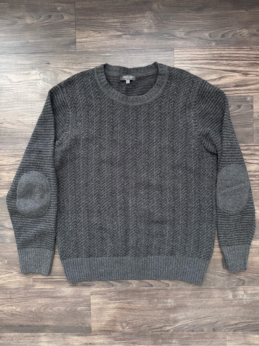 Lorenzo Magni Charcoal Wool Herringbone Crewneck Sweater with Elbow Patches
